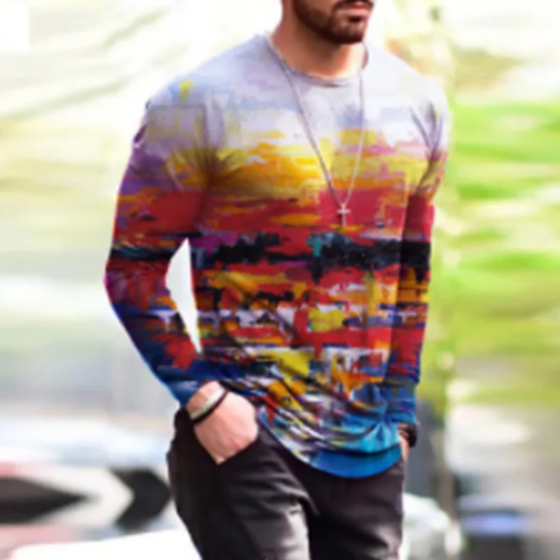 XS-6XL Plus Size Men\'s Clothing Fashion T-Shirts Autumn Long Sleeve Tie-dye Gradient Street Tee 3D Printing Oversized Male Tops