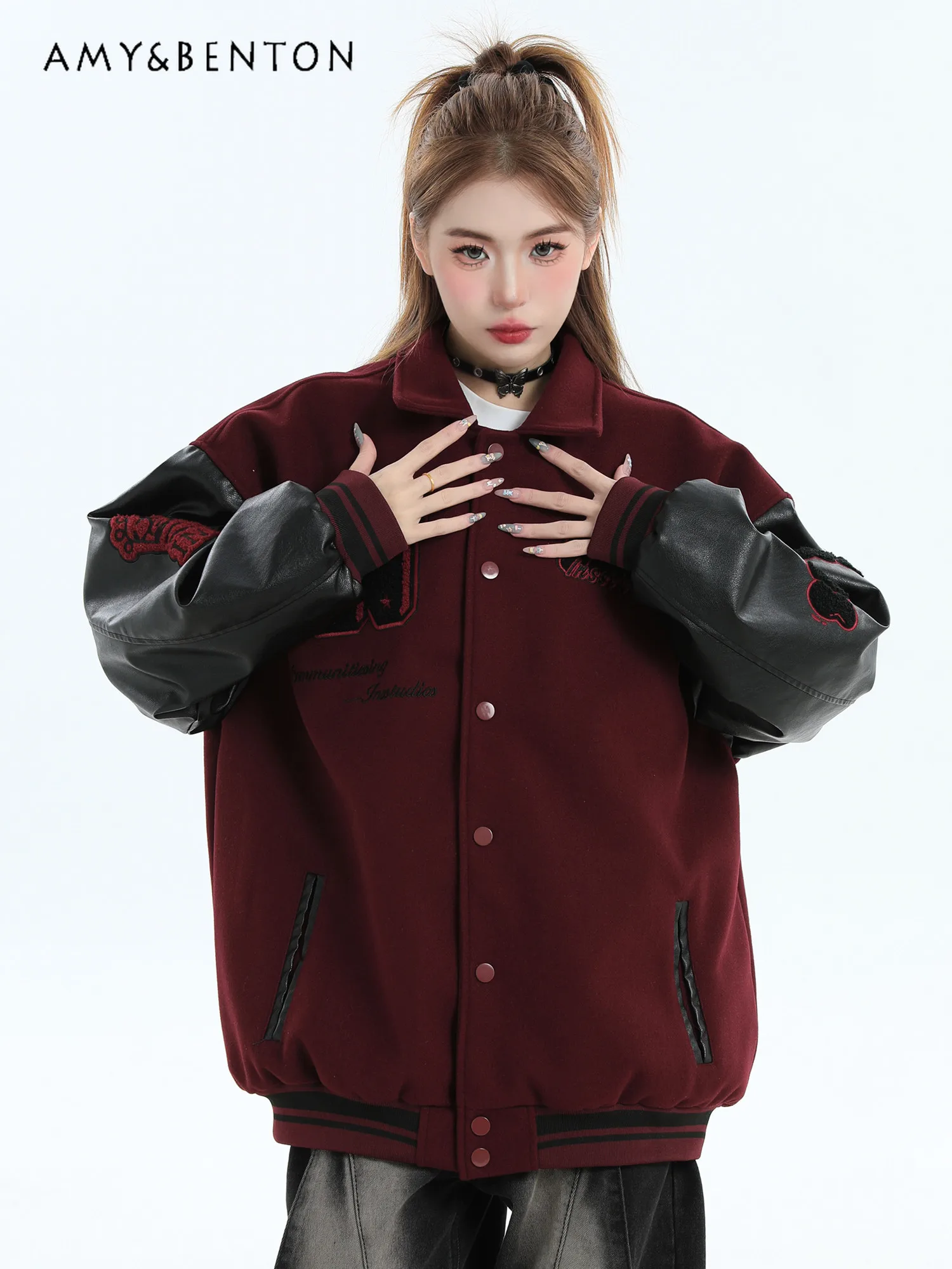 

Spring Autumn American Retro Style PU Leather Embroidered Patchwork Red Baseball Jacket Loose Casual Yellow Navy Blue Jacket