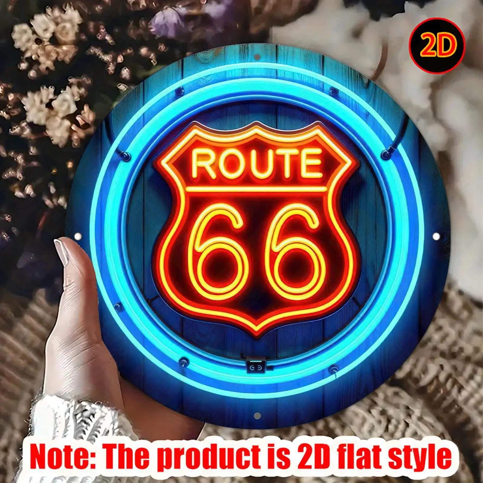 Vintage Route 66 Metal Wall Sign - 7.87-inch Round Aluminum Decorative Plaque with Neon Blue and Orange Lights, Suitable for Liv