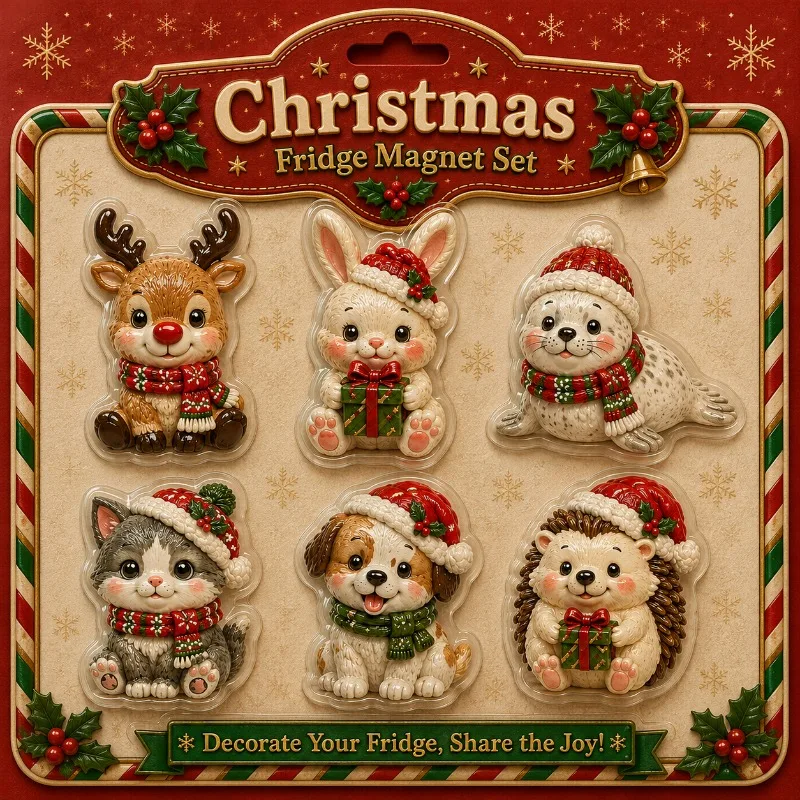 6/8pcs Christmas Resin Fridge Magnet Set, Santa Snowman Reindeer Refrigerator Stickers for Xmas Kitchen Decor & Holiday Gift