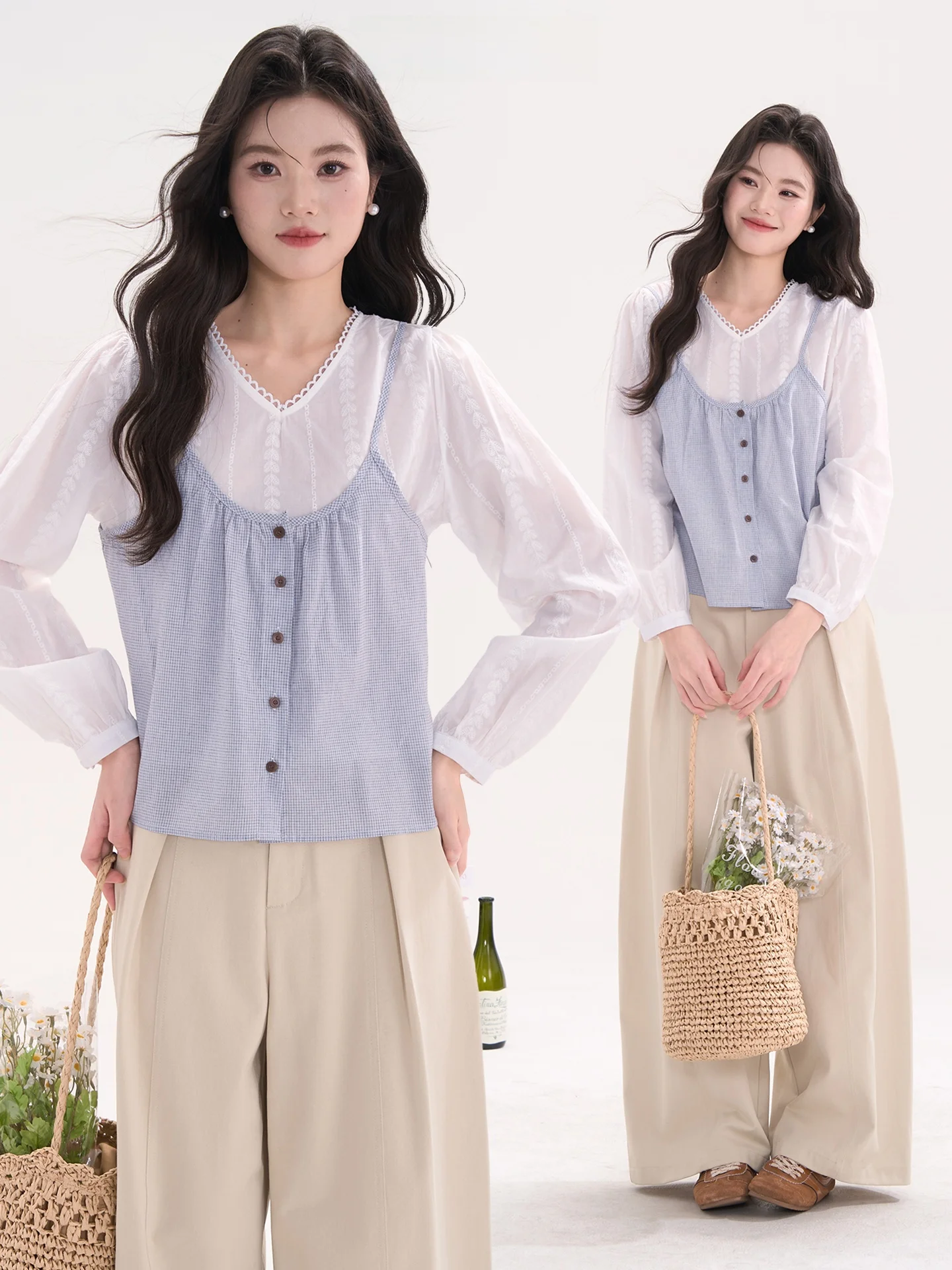 

Белый комплект из вышитой блузки и пояса для женщин: корейский стиль, длинный рукав, V-образный вырез, с узором, для офиса