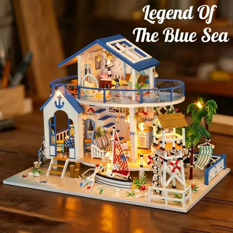 DIY Wooden Blue Sea House Cottage Miniature Dollhouse 3D Puzzle Assembly Model Kits for Adults Birthday Gifts Home Decor