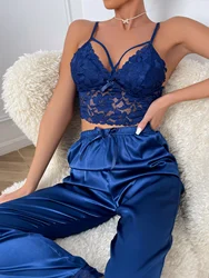 Blue Pijamas Set Summer Women's Slip Lace Tops With Trousers Pajamas Sexy Sleepwear Home Clothing