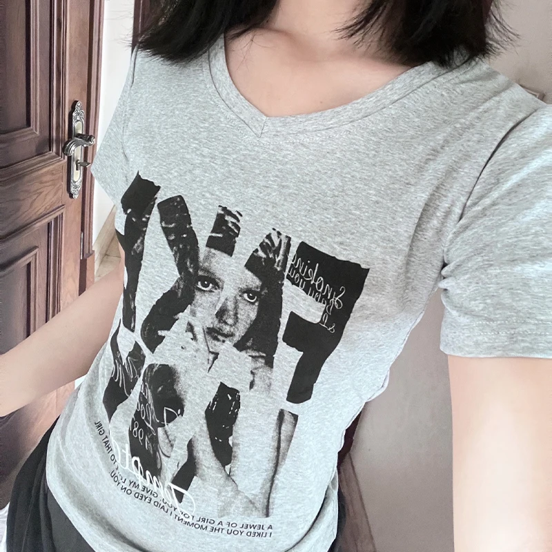 American Retro Pinch Waist Slim Cotton T-Shirts Vintage Summer Print Short-Sleeved T Shirt High Street Women's Sexy Tops Tees