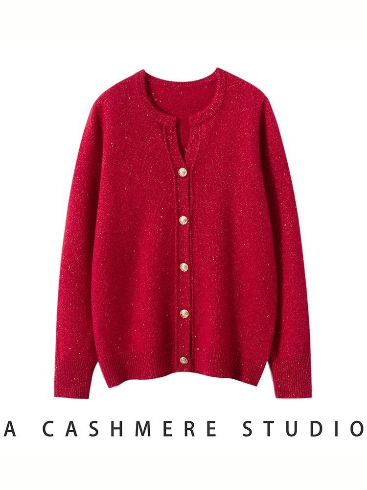 Sweter damski TLOML ze 100% kaszmiru, kołnierz w kształcie nożyczek, kardigan z motywem złotych fasolek, jesienno-zimowy, wysokiej jakości kaszmirowy płaszcz dzianinowy, codzienne topy.