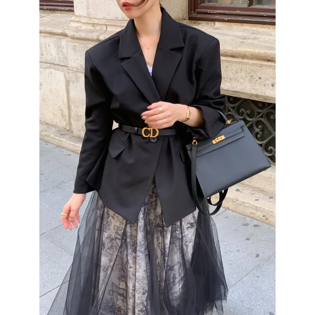 معطف بدلة Retro Ele Small Fraance Sle مع حزام زهري تنورة كورية عادية مقاس متوسط Softn حصريًا عبر الإنترنت #1