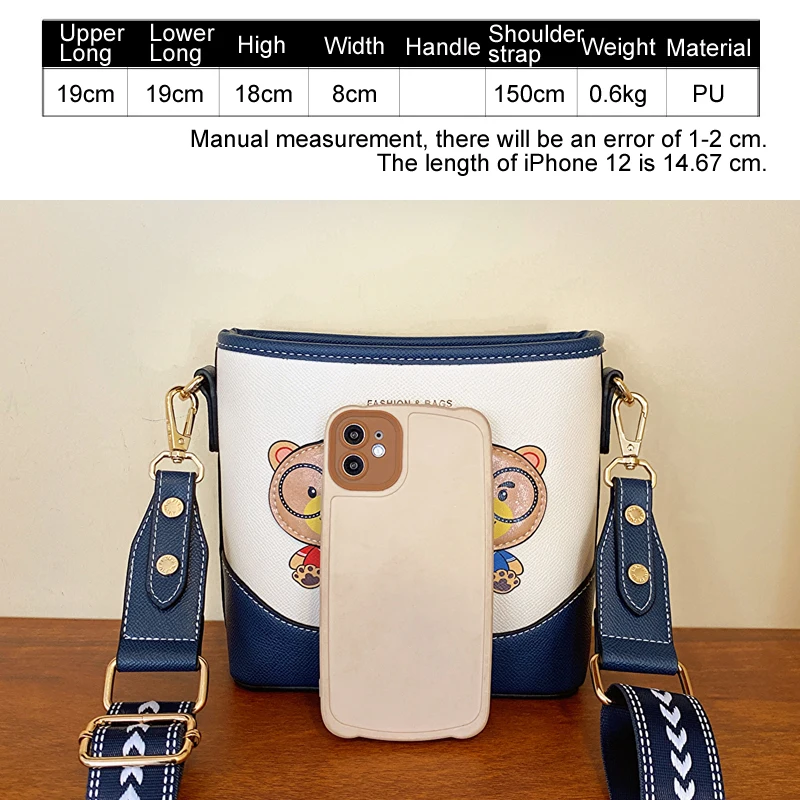 Women\'s Bucket bag with wide shoulder strap,fashion Girl\'s shoulder crossbody bag,Luxury Casual cute bear messenger lady purse