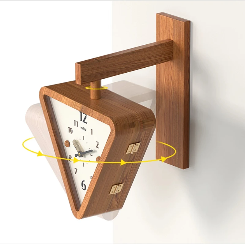 Solid Wood Double-Sided Wall Clock Creative Triangle Timepiece Silent Modern Wall Decor Minimalist Geometric Living Room Clock