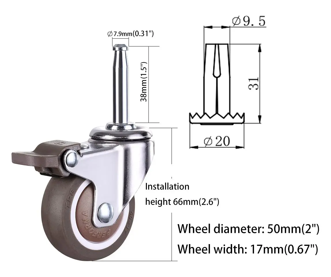 2 Inch Rubber Caster Wheel Set of 4 with 5/16