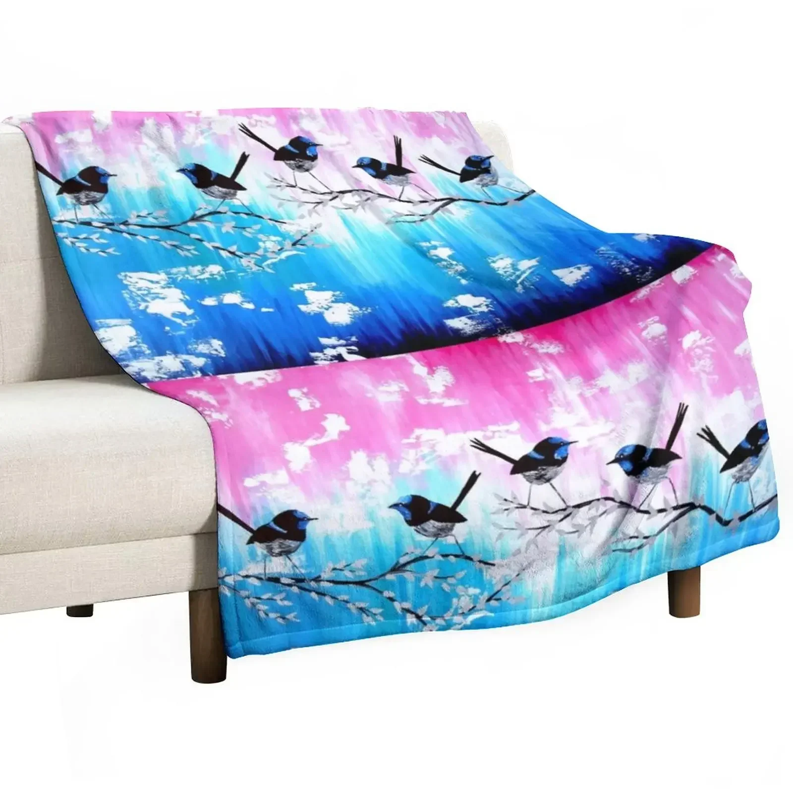 

Blue wrens with abstract painting Throw Blanket Furrys Personalized Gift Beach Blankets