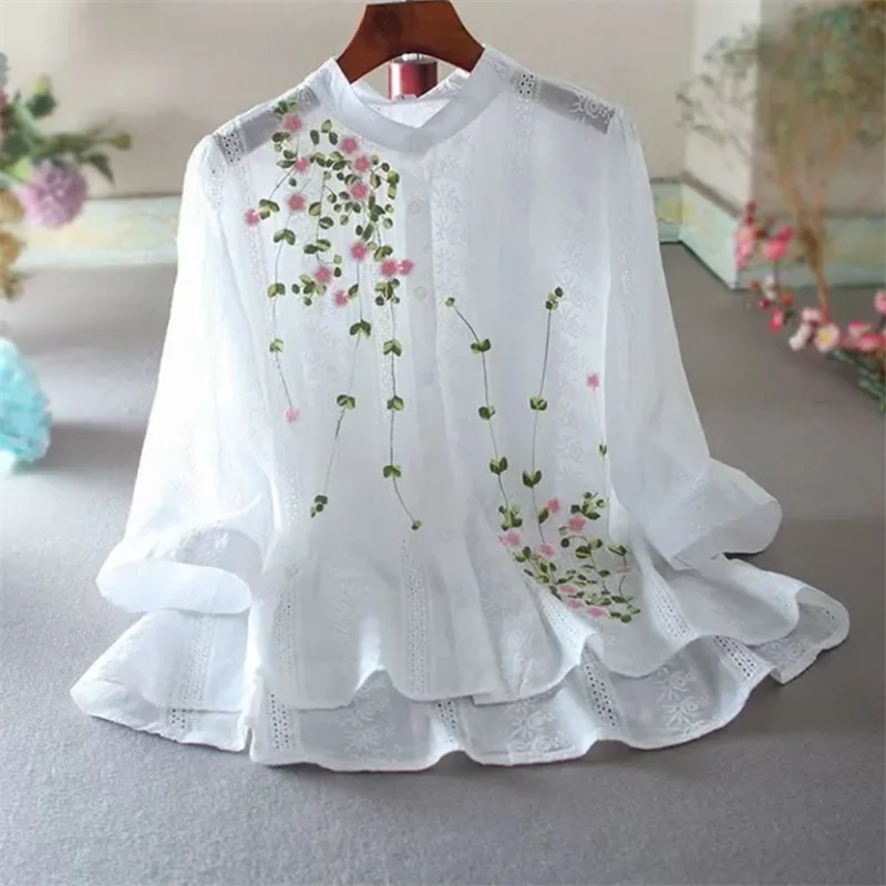 Thin Embroidery Blouses Women Shirts Literature Pure Cotton Shirt For Women\'s Top Hollow Out Chinese Style Loose Female Blous