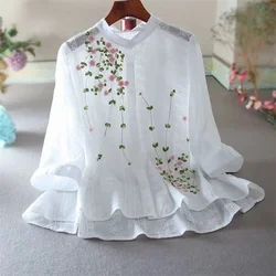 Thin Embroidery Blouses Women Shirts Literature Pure Cotton Shirt For Women's Top Hollow Out Chinese Style Loose Female Blous