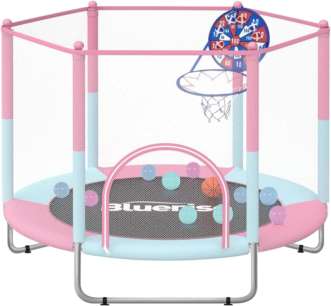 

60" Trampoline for Kids, 5 FT Small Toddler Indoor & Outdoor Trampoline, Basketball Hoop & Dart Board, Baby Trampoline Toys, Gif