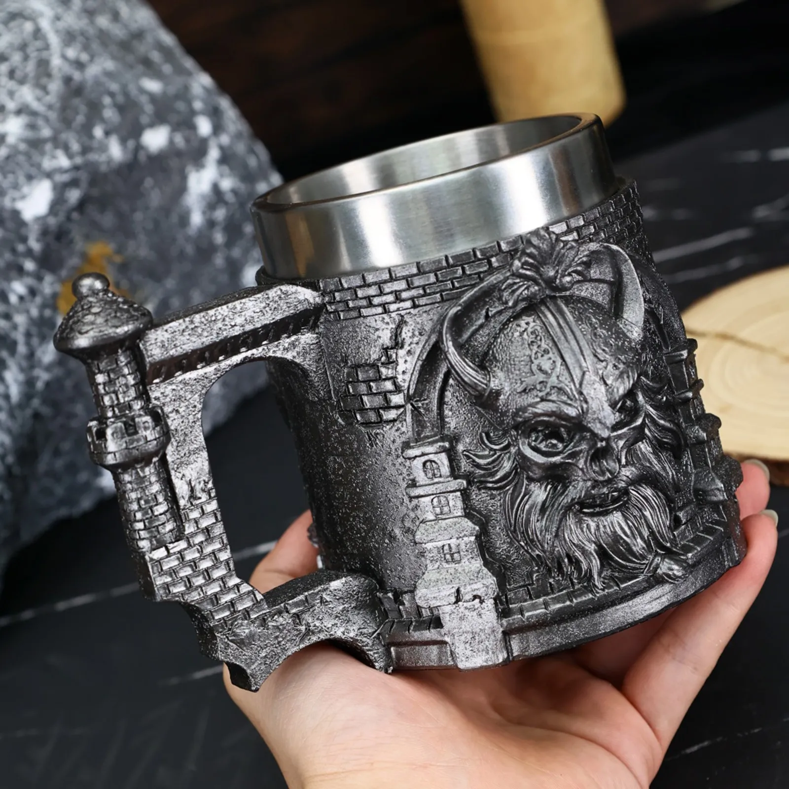 Taza de caballero con espadas cruzadas medievales, Tankard, Caballero vikingo, resina, forro de acero inoxidable, cerveza templaria, taza de café, taza de cerveza con calavera, 450ML