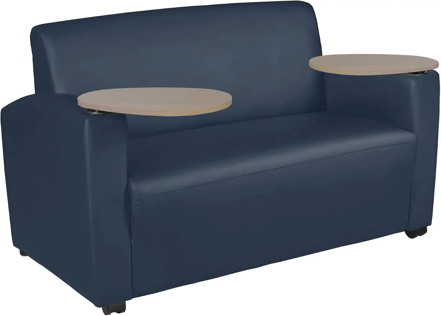 Loveseat Featuring 360-Degree Swiveling Tablet Arm, Oak Finish, Navy Blue Vinyl Upholstery, Office Home Lounge Seating