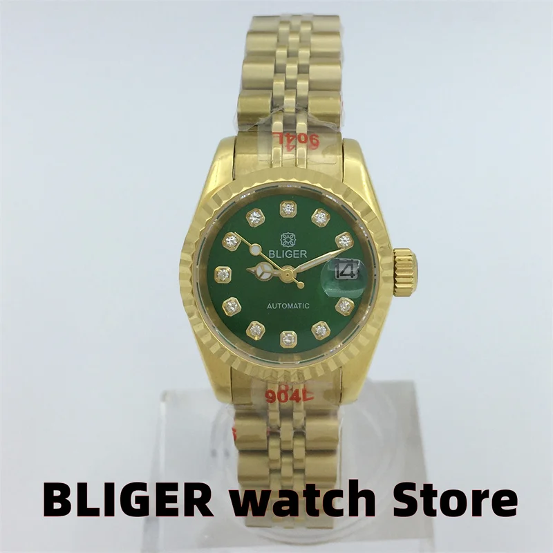 LIGER Mới Sang Trọng 26Mm Nữ Vàng Kim Cương Chỉ Số Xanh Mặt Số Ngày Cửa Sổ Kính Sapphire Nhật Bản NH05 Cơ Khí đồng Hồ Nữ