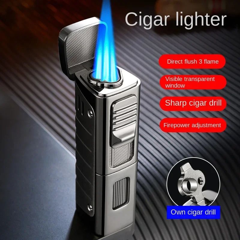 Metal Cigar Jet Lighter Blue Flame 3 Jet Torch Gas Butane Lighter Visible Gas Chamber Accessories Men\'s Lighter Gift