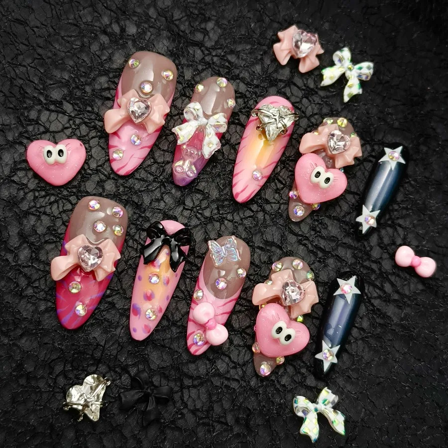 

10Pcs Handmade Pink Press On Nails - Y2K Pink 3D Bow Press On Nails Style Art, Pink 3D Bow Press On Nails,stick - on nails.