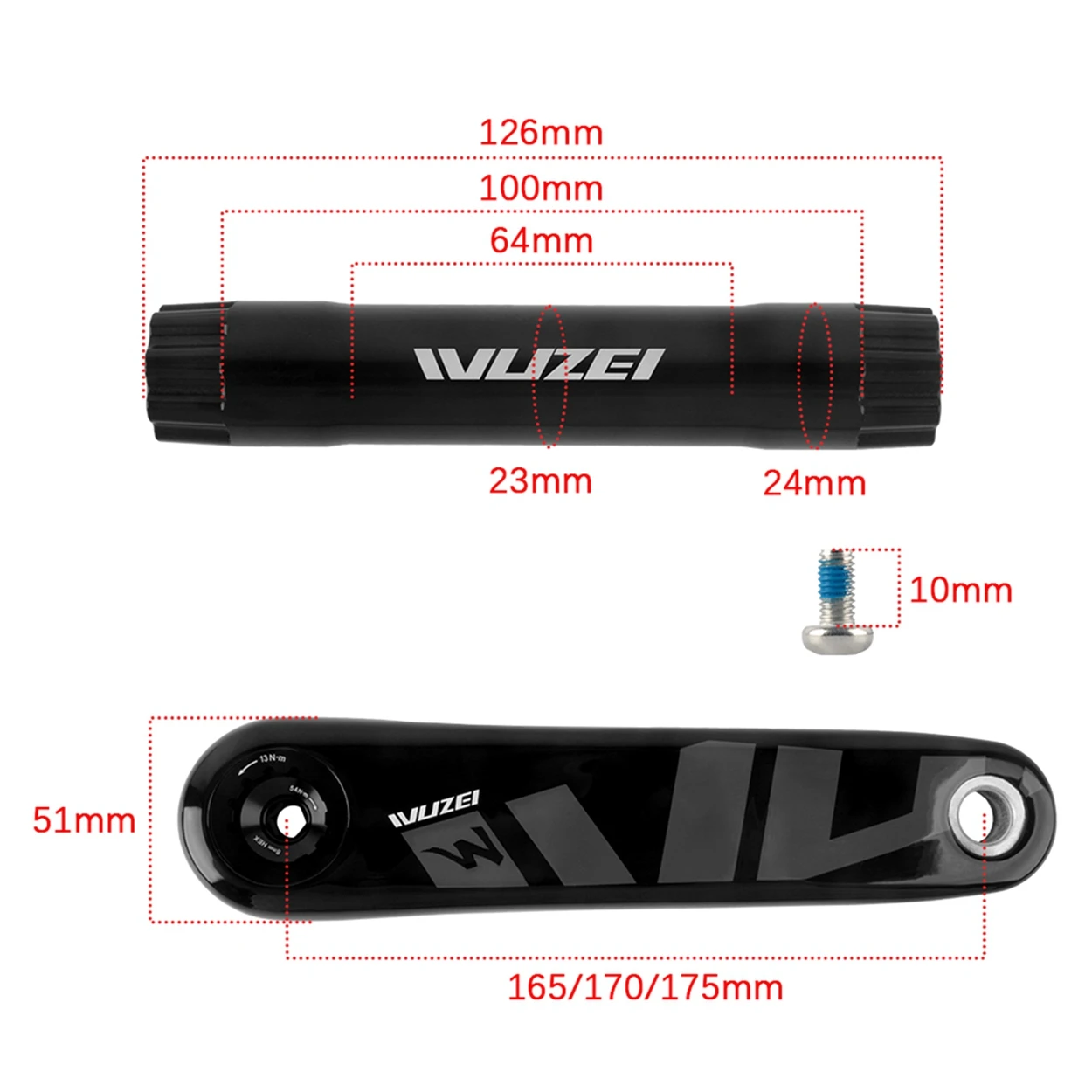 WUZEI Carbonfaser MTB Kurbel 3-Bolzen Direktmontage Mountainbike Kettenblatt 165 170 175mm Fahrradkurbelarm 24mm AL7075 Achse – Detail 4