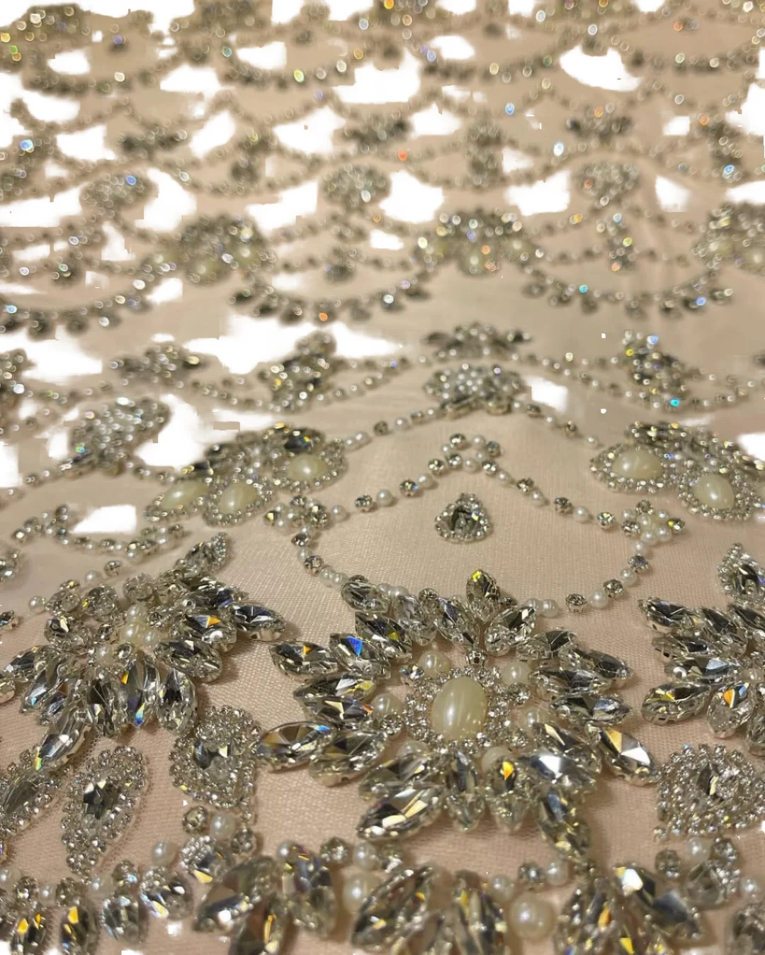 High end sequins diamonds glass beads embroidered lace fabric sewn light luxury  evening dresses designer fabrics