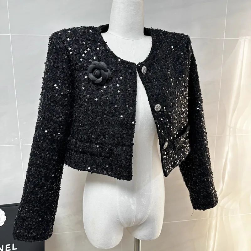 Early Autumn New French Luxury Sequins Tweed Coats Fashion Vintage 3D Flower Short Jackets For Women Elegant Fashion Outerwears