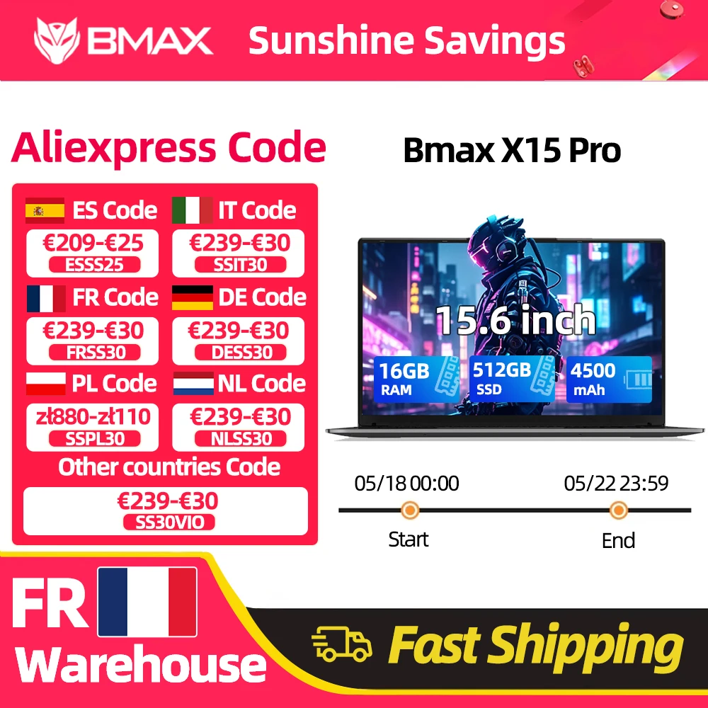 Ordinateur portable Bmax X15 Pro 15,6'' IPS Intel 12e génération N100 16 Go de RAM DDR4 512 Go de SSD Windows 11 Clavier numérique HDMI Wifi USB PC