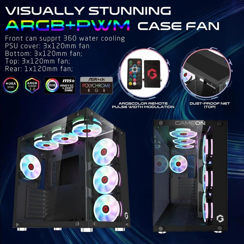 حافظة ألعاب كمبيوتر Midnight II Series Mid Tower، إضاءة ARGB+PWM مقاس 120 مم، زجاج مقسى، كمبيوتر مثبت مسبقًا 7 مراوح تبريد RGB