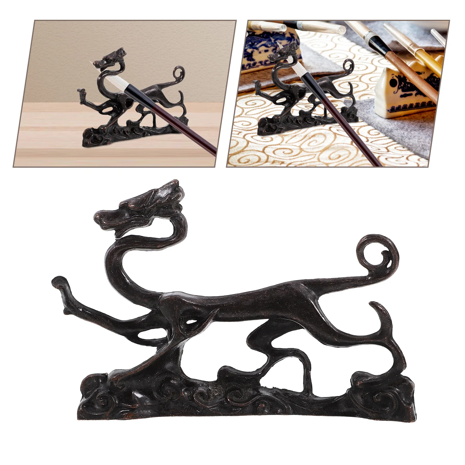 

Intricate Dragon Design Brush Rest Copper Pen Rack for Artists Calligraphers - Functional Stylish Desk Accessory Home Office Use