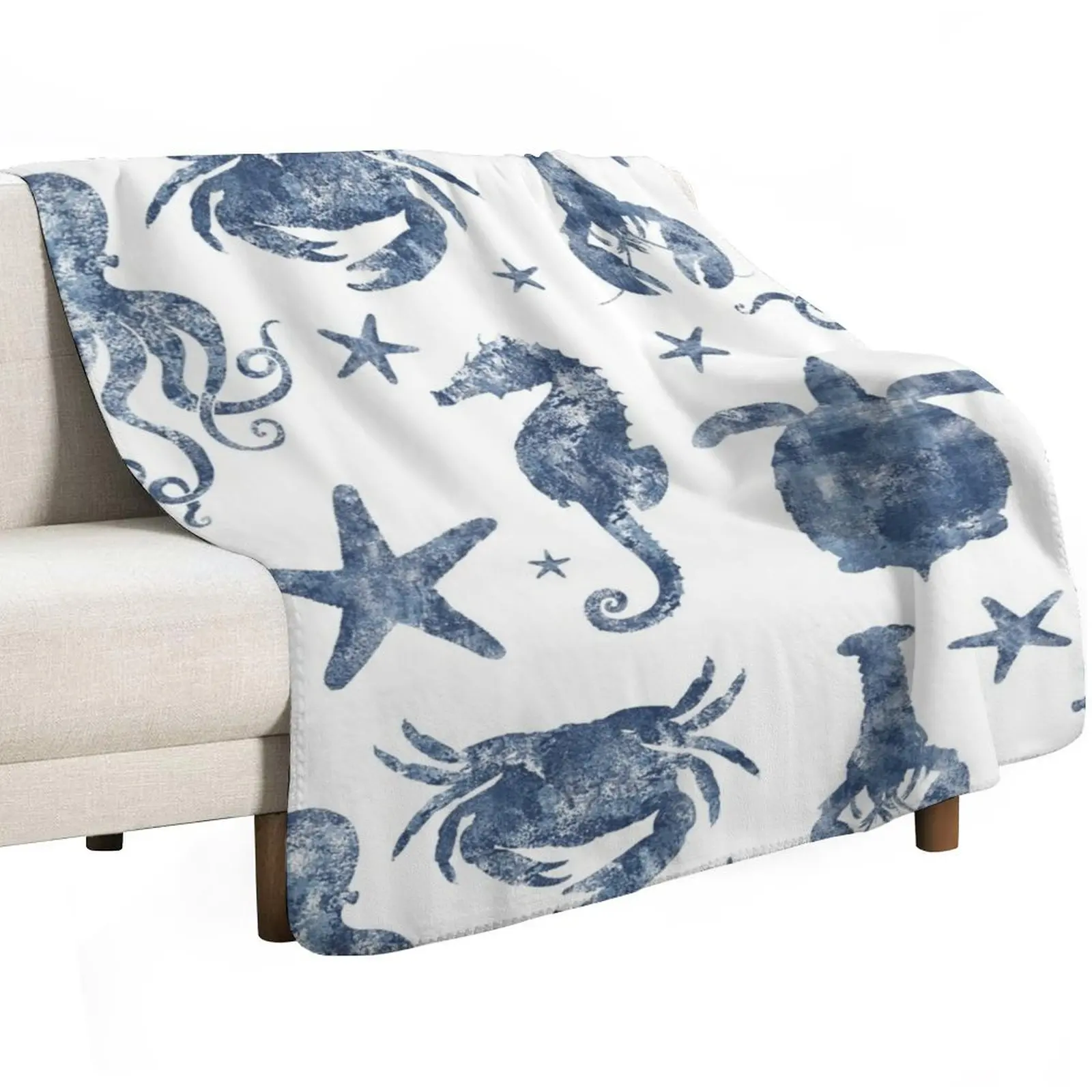 Nautical Marine Life, sea star, seahorse, turtle, octopus, coastal beach Throw Blanket Sofas For Decorative Sofa Blankets