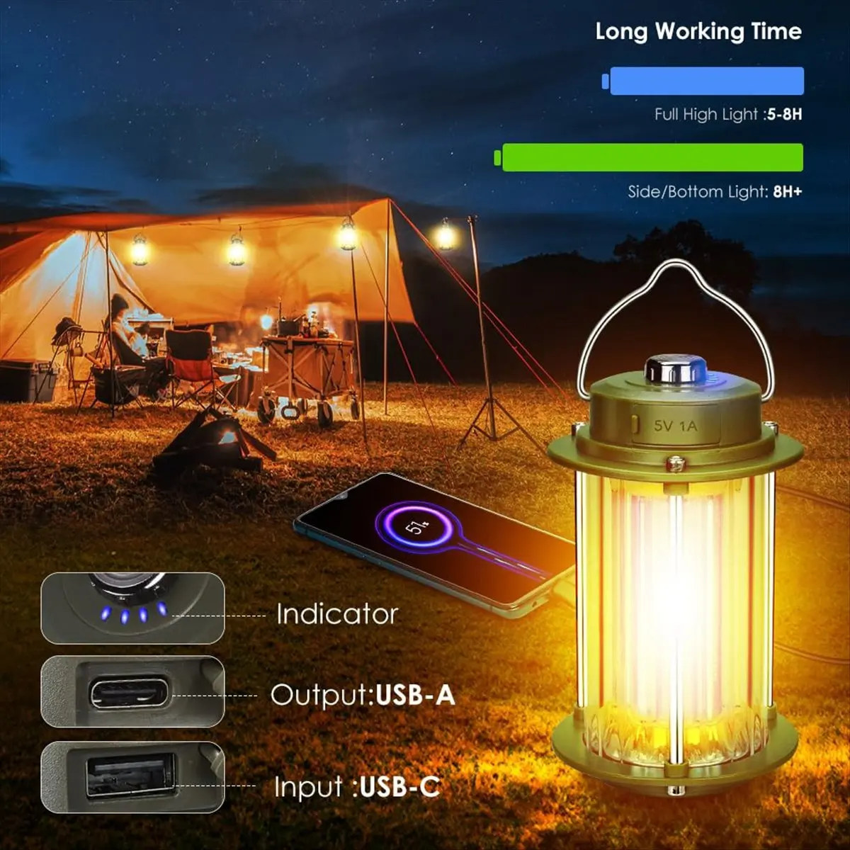 Goodprice USB Rechargeable Camping Light Portable Lantern Flashlight Handheld LED Light 3 Color Light Source Outdoor Waterproof