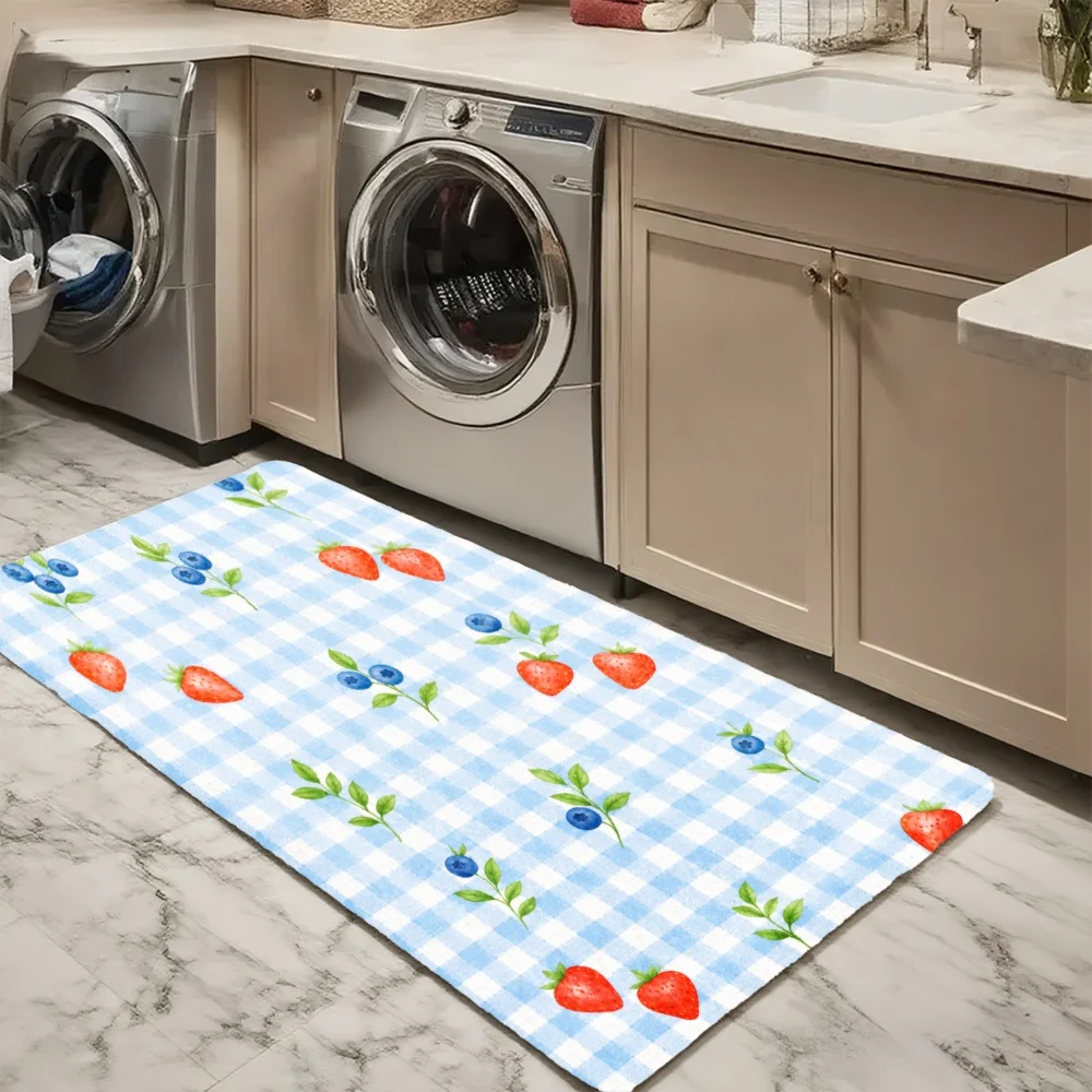 3PCS Mat Set,  Home Decoration for Front Door, Kitchen,  Blue Checkered Strawberry And Berry Pattern Kitchen Rug.
