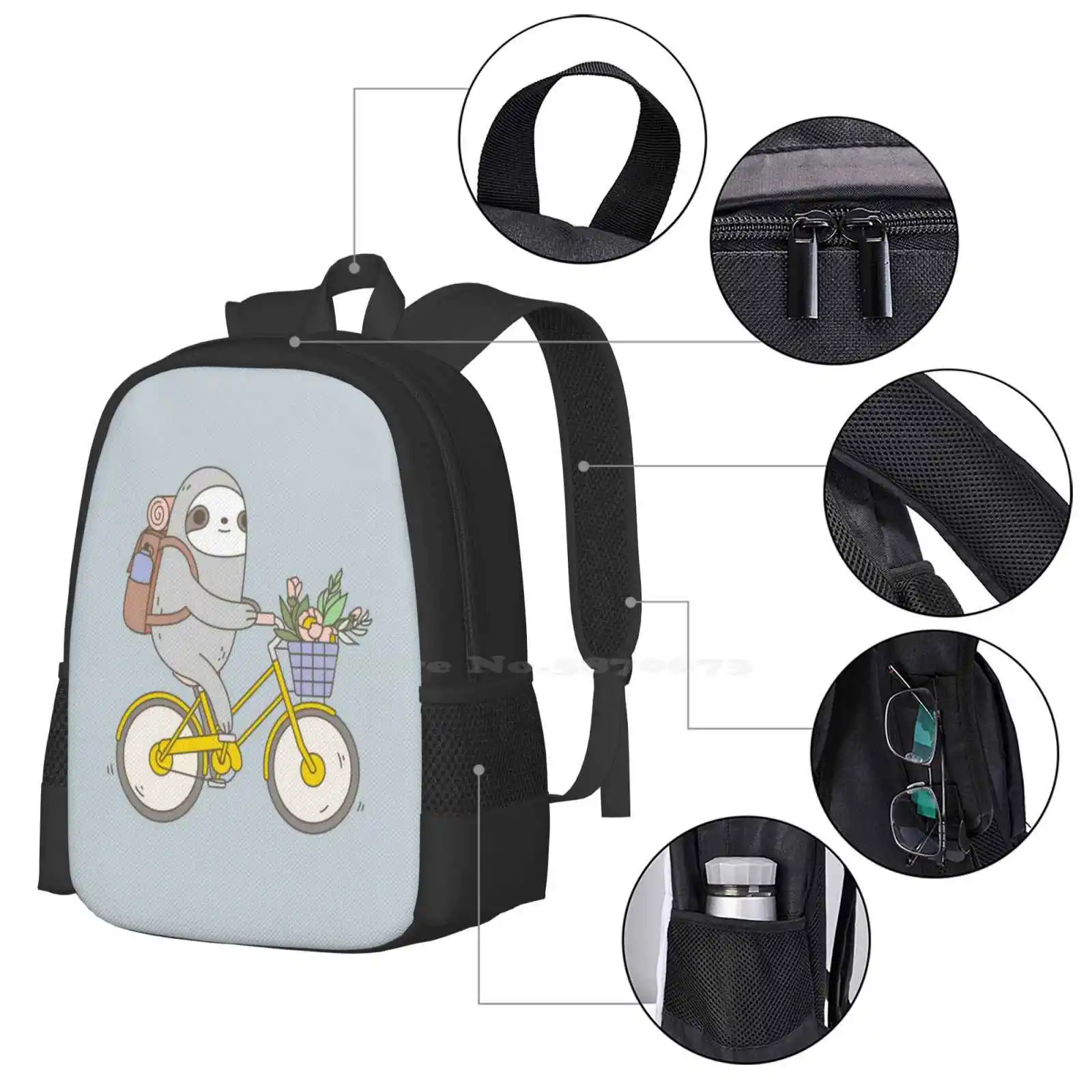 Biking Sloth Pattern Design Bagpack School Bags Biking Sloth Bike Sloths Funny Sloth Riding Bicycle Biking Animals Sloth