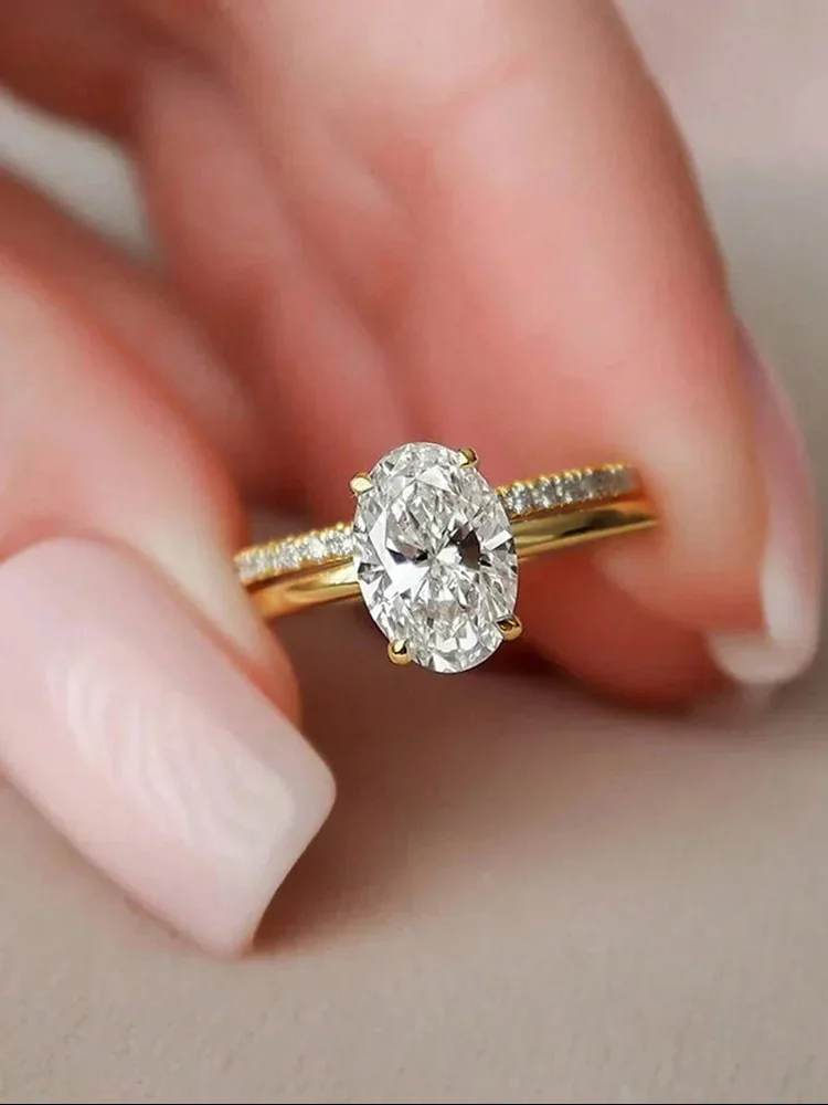 925 Sterling Silver Luxury Golden Oval Zircon Stackable Set Ring For Women Engagement Wedding Fashion High Quality Fine Jewelry
