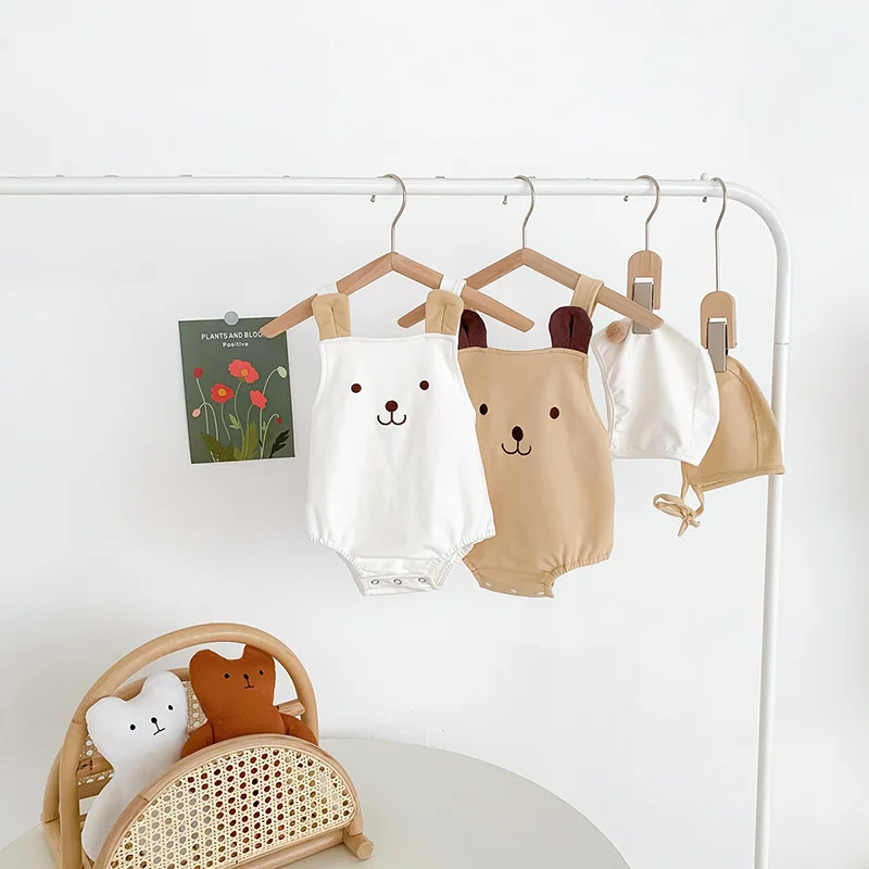 Summer Baby pagliaccetto cappello Set 2 pezzi Sling tuta per ragazzo ragazza Cartoon Bear senza maniche body Toddler Infant Clothes corea Outfit