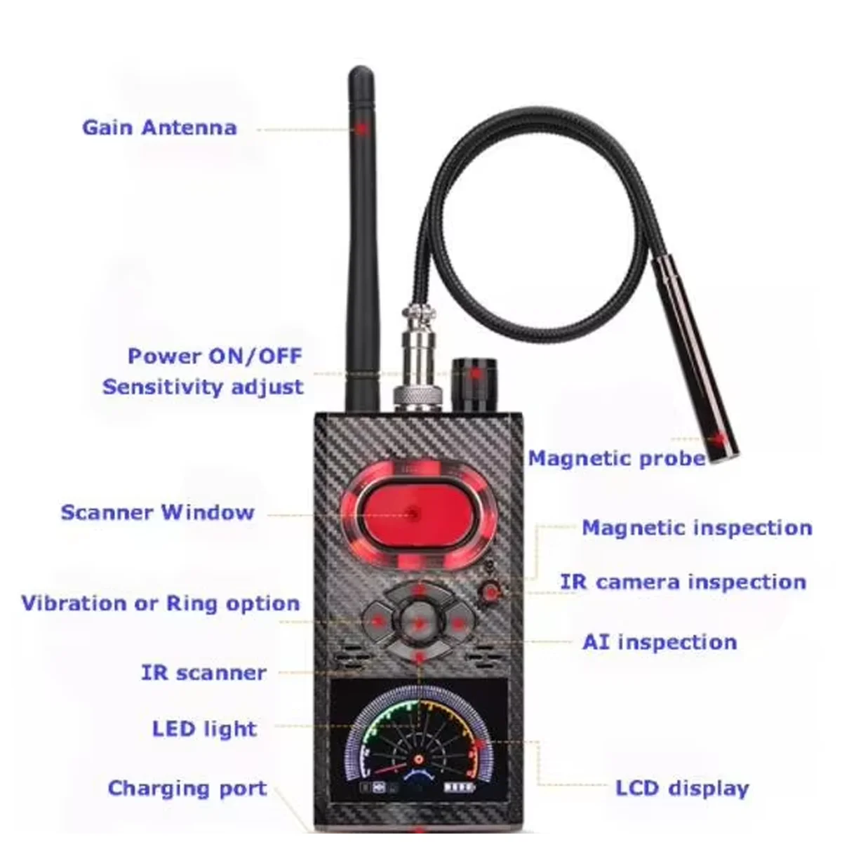 K99 All-Frequency Bug Sweeper – 1-8000MHz RF Signal Detector for GPS, Hidden Cam, Eavesdrop Device with High Gain Antenna