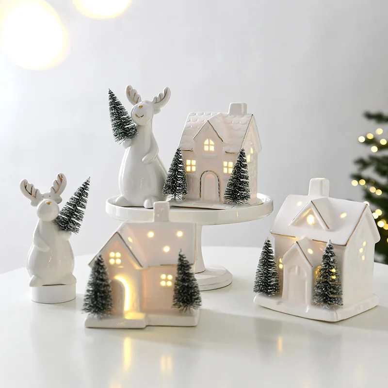 Ceramic Light Up House Figurine Reindeer Christmas Tree Decoration Gift