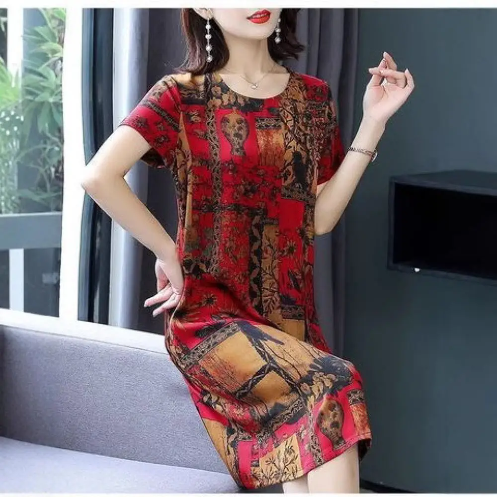 Elegant Women Midi Dress Retro Print Short Sleeve Summer Wear Loose Fit Comfortable Ice Silk Casual Clothing For Mother