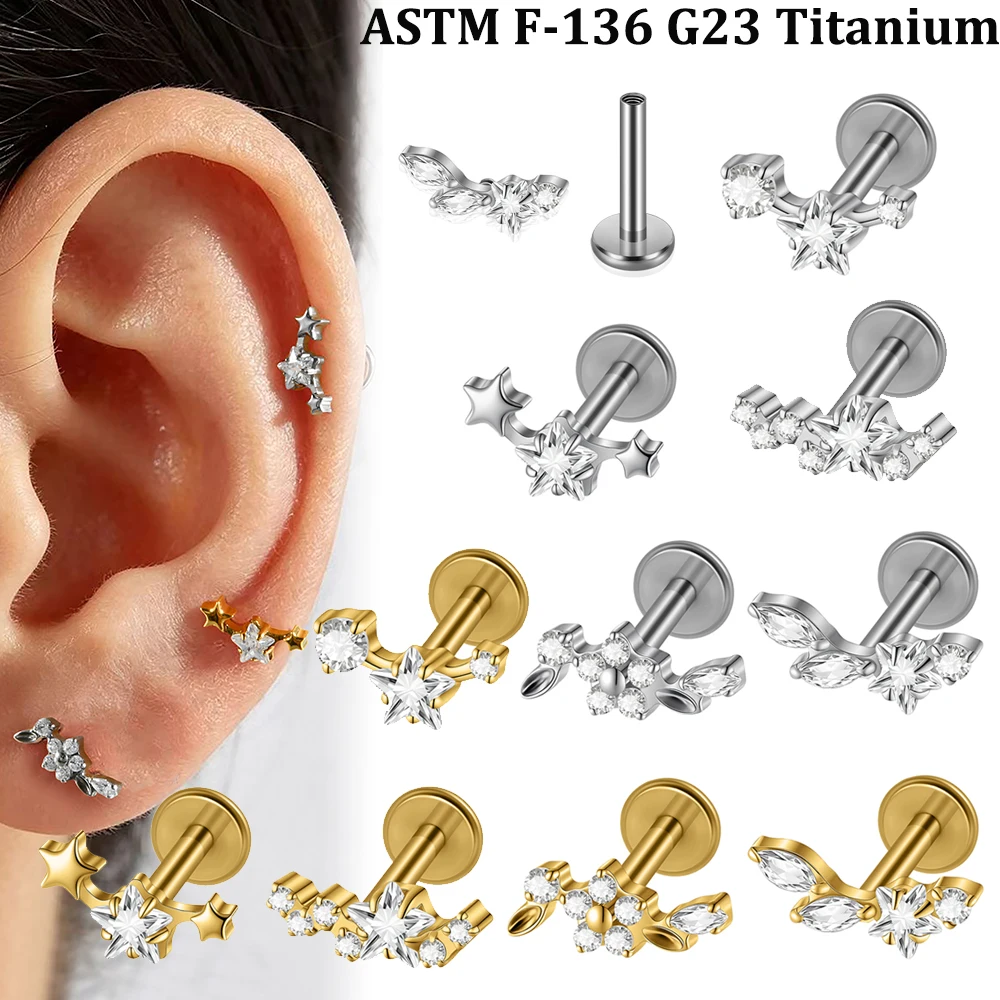 1 Stück Gebogener CZ-besetzter Stern-Blumen-Lippen-Nasen-Piercing aus F-136 Massivem Titan mit Innengewinde für Ohrknorpel, Tragus, Ohrläppchen und Rook