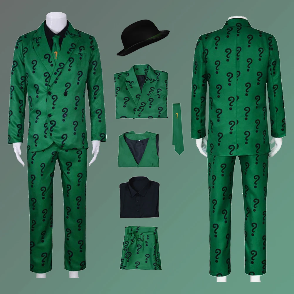 Mannen Riddler Cosplay Fantasy Film Super Schurk Kostuum Vermommen Volwassen Jongens Rollenspel Fantasia Outfits Halloween Mannelijke Pakken