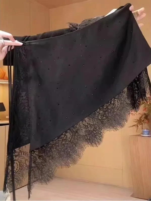Spring High Waist A-Line Skirt Lace Patchwork Asymmetrical Beaded Large Size Beautiful Short Skirt for Women Commute Style
