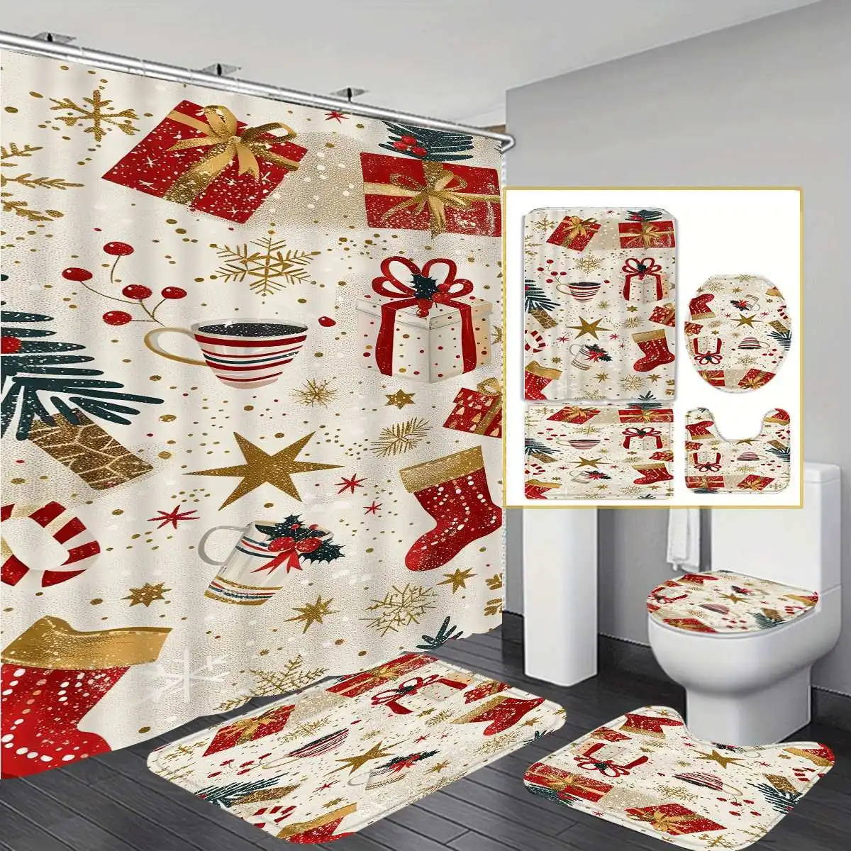 

Christmas-Themed Waterproof Polyester Set, Featuring a Non-Slip Bath Mat, U-Shaped Toilet Seat, And 12 Hooks - Perfect for Festi