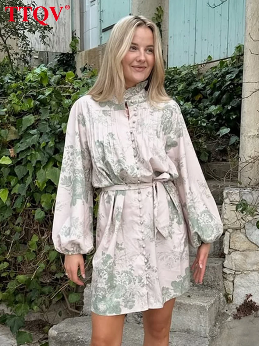 

TTQV Fashion Loose Print Women's Dress 2026 Spring Stand Collar Long Sleeve Mini Dresses Elegant Classic Lace-Up Female Dress