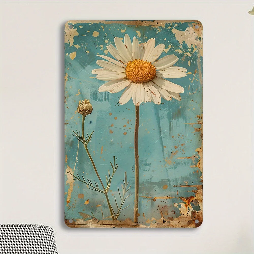 1PC Vintage White Daisy Metal Plaque Rustic Iron Wall Art Decoration Vintage Plaque for Home and Garden Decor 8x12 Inches