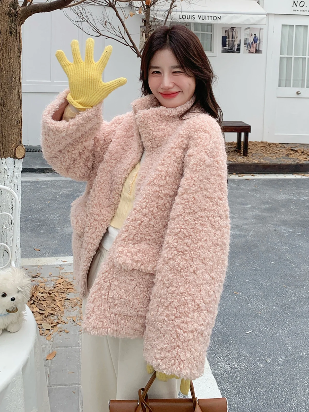 핑크 양털 자켓 여성용 테이니드 오트 코튼 코트 겨울 신상품 소형 사이즈 파티클 벨벳 가죽 및 퍼 인티메이티드