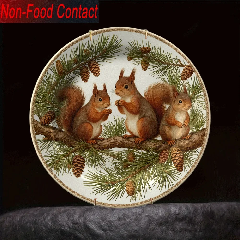 2D 1pc Ceramic Decorative Plate, Non-Consumable Pure Decoration, Three Squirrels Pine Branch Pinecone Pattern Home Tabletop Art