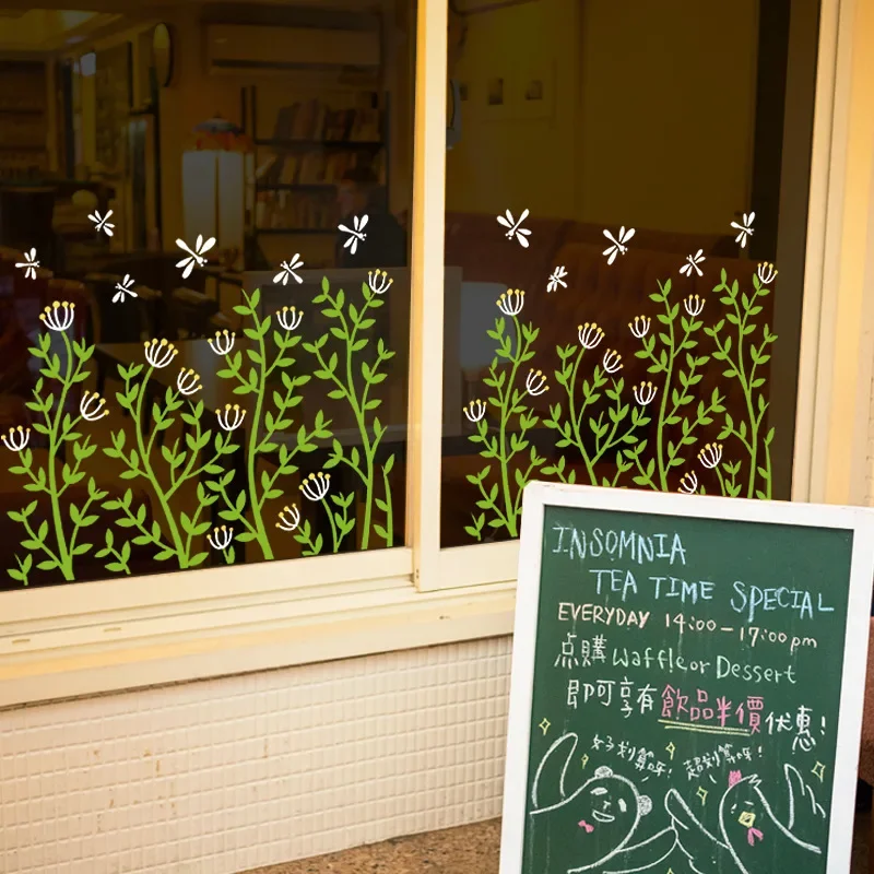 

Flower and Grass skirting Line Shop Glass Door Window Sticker Coffee Shop Decorative Wall Sticker