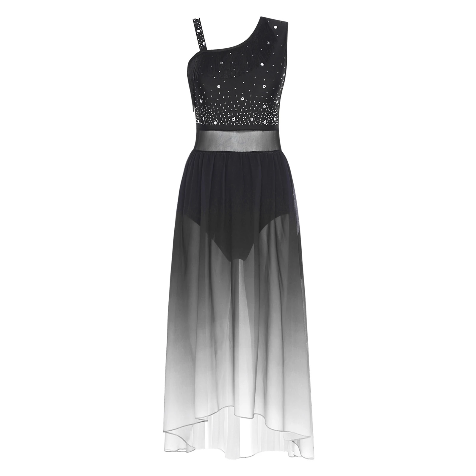 

Womens Lyrical Modern Dance Dress Shoulder Straps Tassel Gradient Color Dress Built-in Briefs Modern Dancewear for Ballroom Show