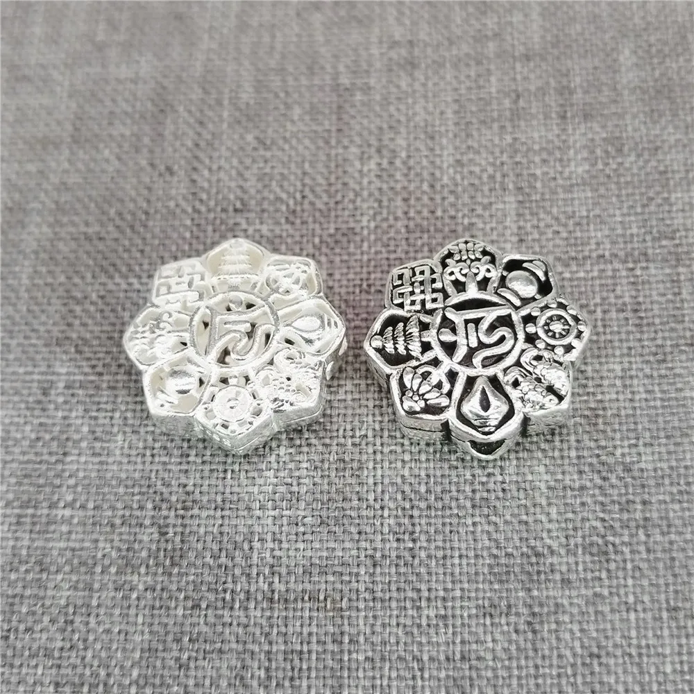 

2 шт. из стерлингового серебра 925 пробы, восемь благоприятных символов, бусины для медитации, йоги, двухсторонние для ожерелья, браслета, 15 мм
