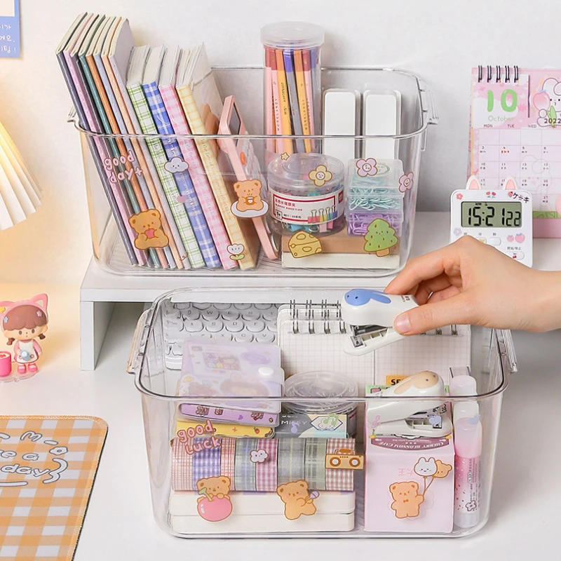 صندوق تخزين مكتبي شفاف مع غطاء بسيط، صندوق قرطاسية للطلاب، صندوق تخزين وتنظيم مستحضرات التجميل