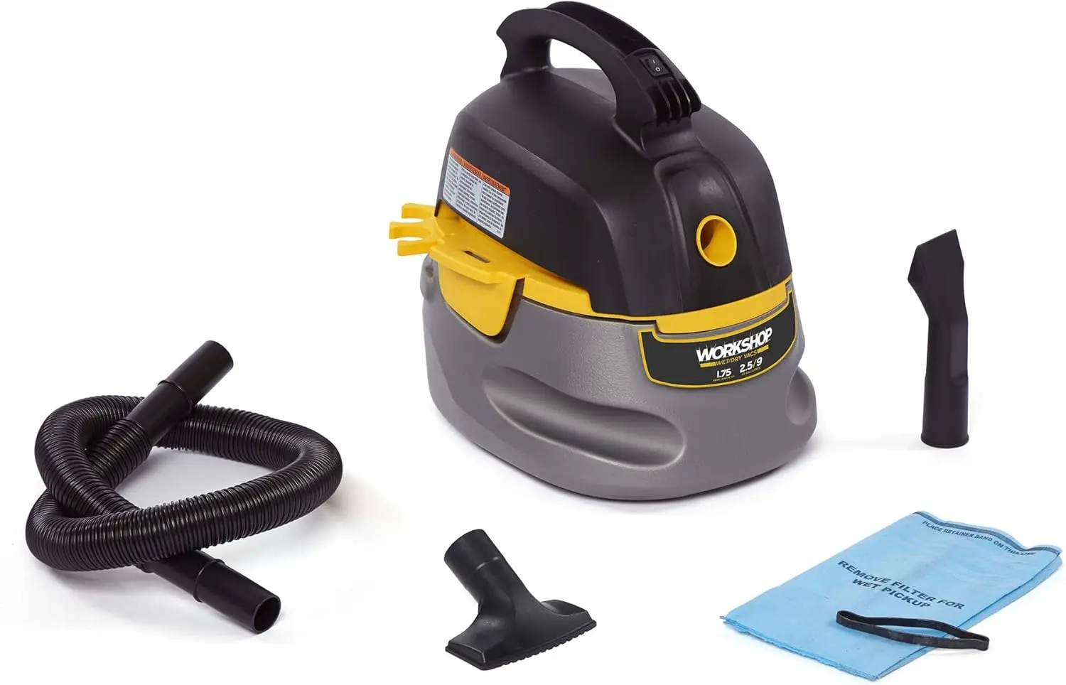 2.5-Gallon 1.75 Peak HP Portable Wet Dry Vacuum Cleaner with Filter Bag, Hose & Attachments